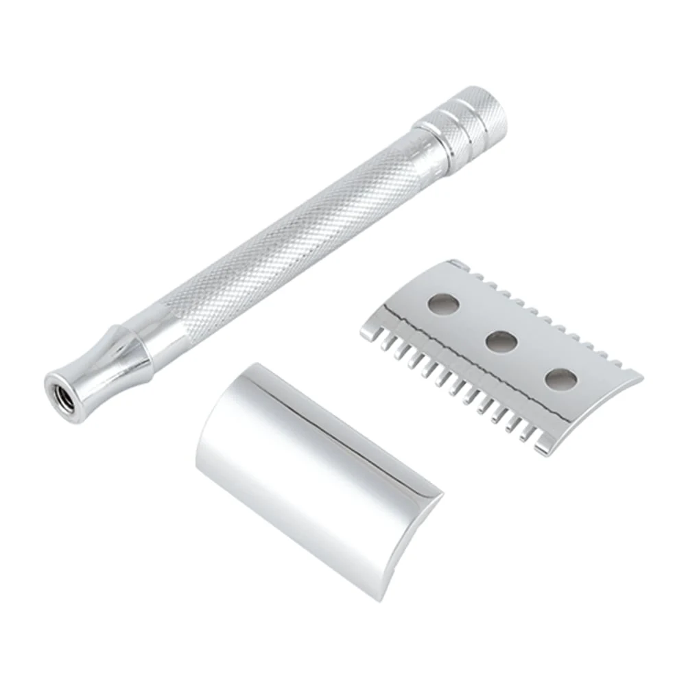 Merkur 25C handle, open-comb base plate, and top cap separated