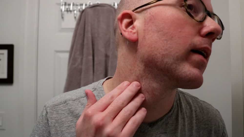 close up of mans neck after using bigelow shaving cream