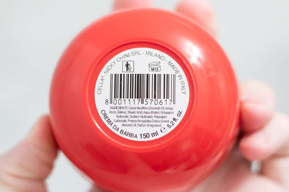 close up of ingredient list on cella shave cream
