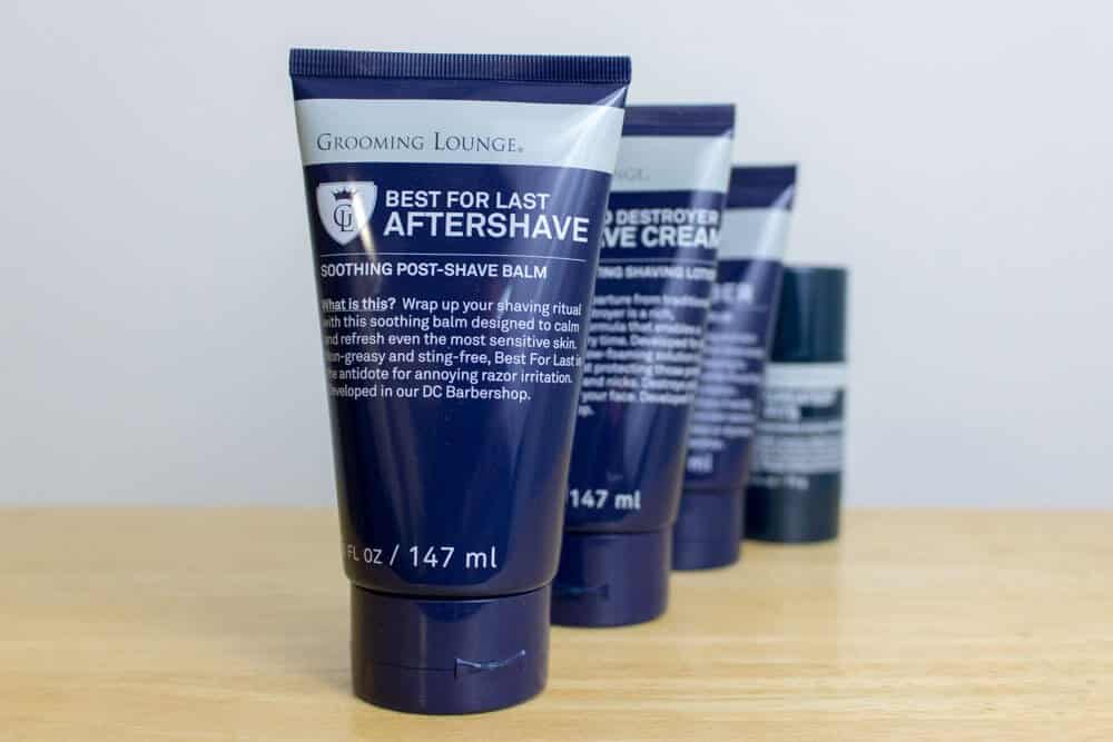 several grooming lounge products lined up in a row