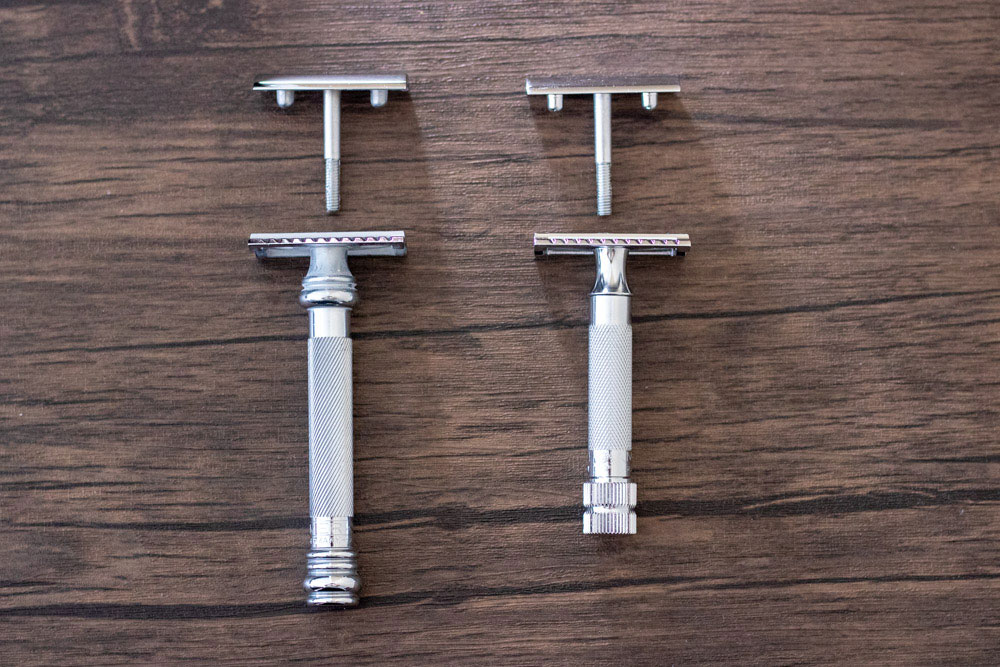 both merkur 34c and 38c disassmbeled next to each other on table