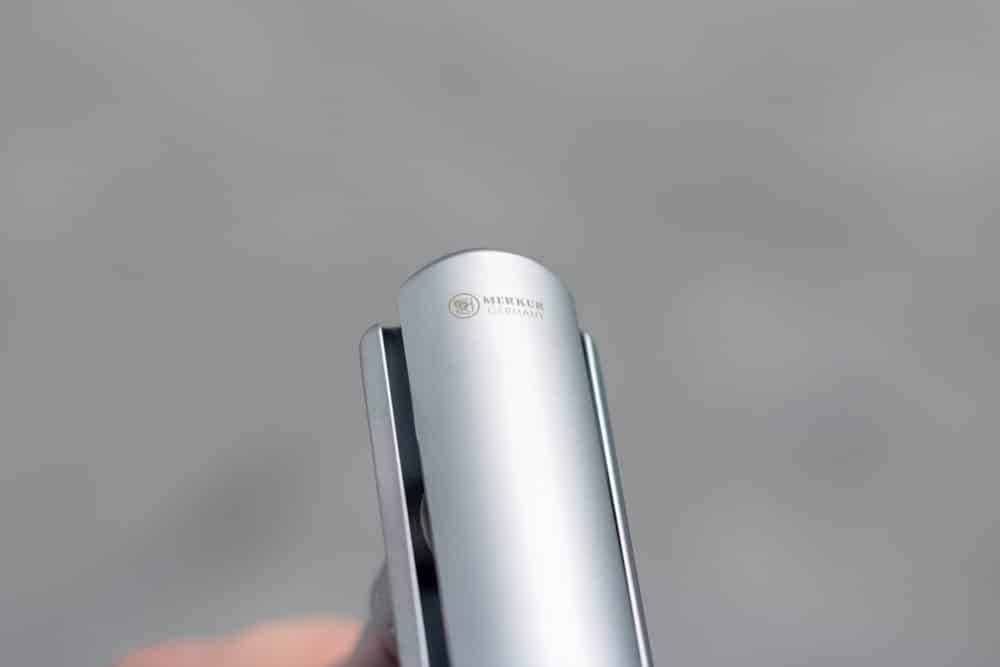 closeup of merkur logo on razor cap