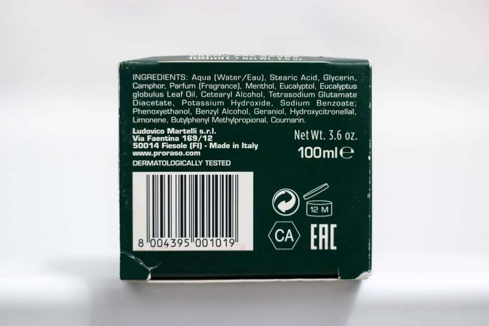 closeup of ingredient list on proraso pre shave cream