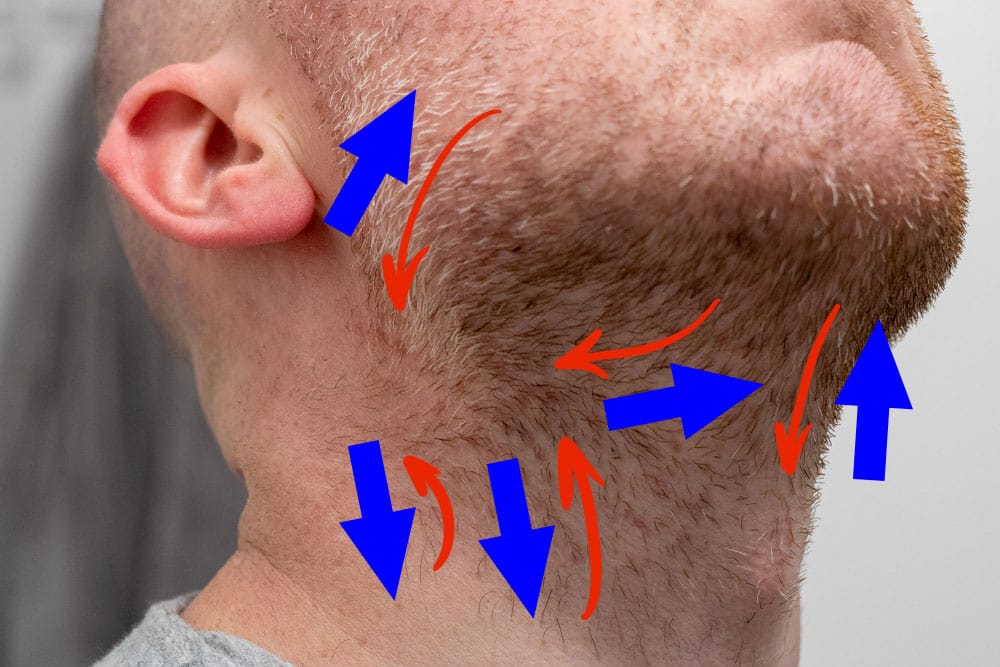 mans beard with red arrows showing natural growth and blue arrows to indicate against the grain shaving