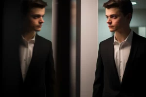 man in suit looking in mirror